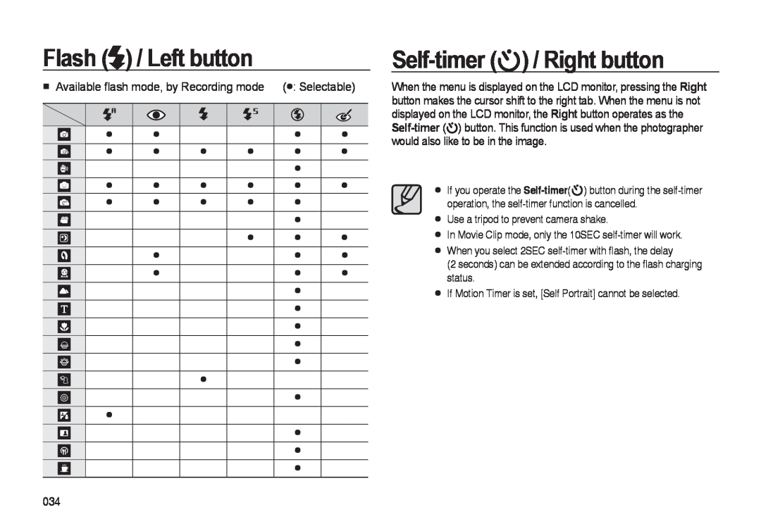 Samsung i8 manual Flash / Left button, Self-timer, Right button, Available ﬂash mode, by Recording mode Selectable 