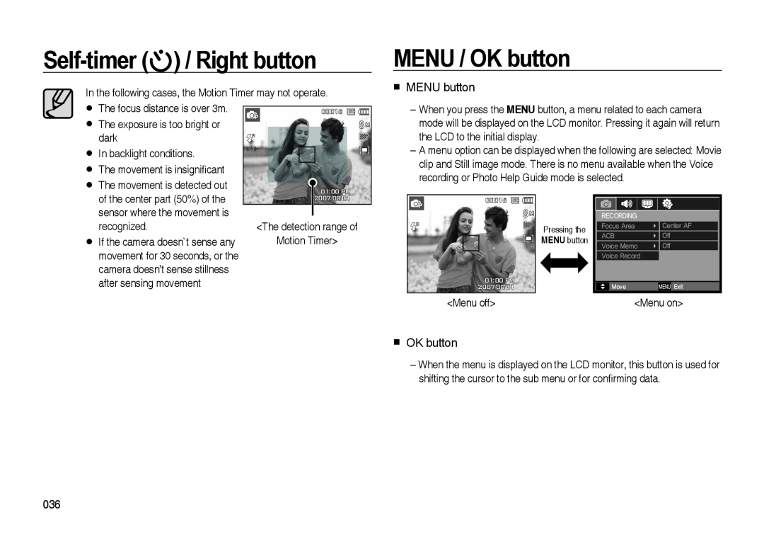 Samsung i8 manual Self-timer / Right button, MENU / OK button, MENU button, Menu on 
