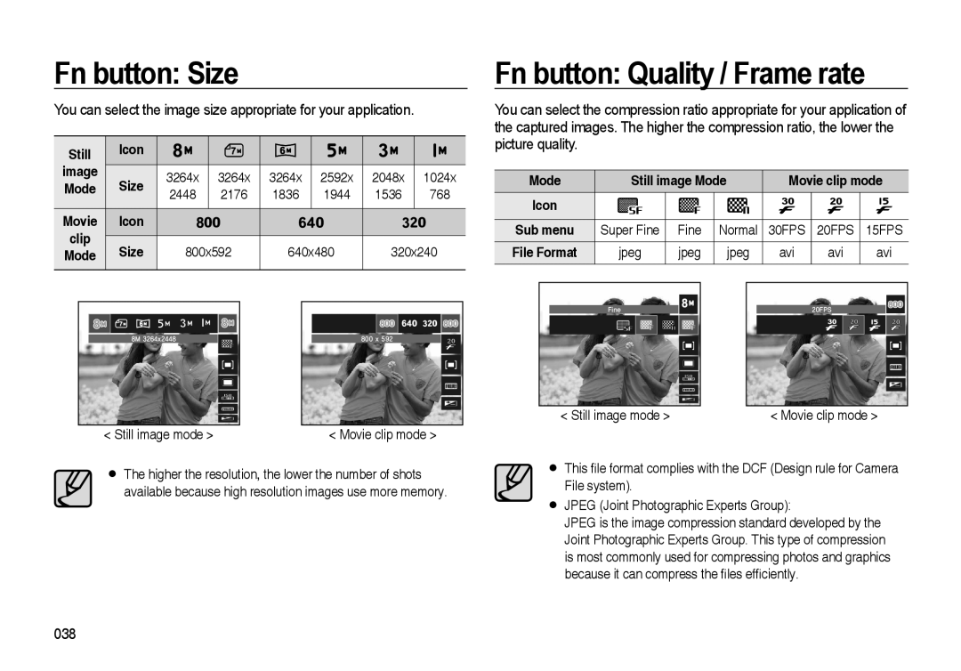 Samsung i8 Fn button Size, Fn button Quality / Frame rate, You can select the image size appropriate for your application 