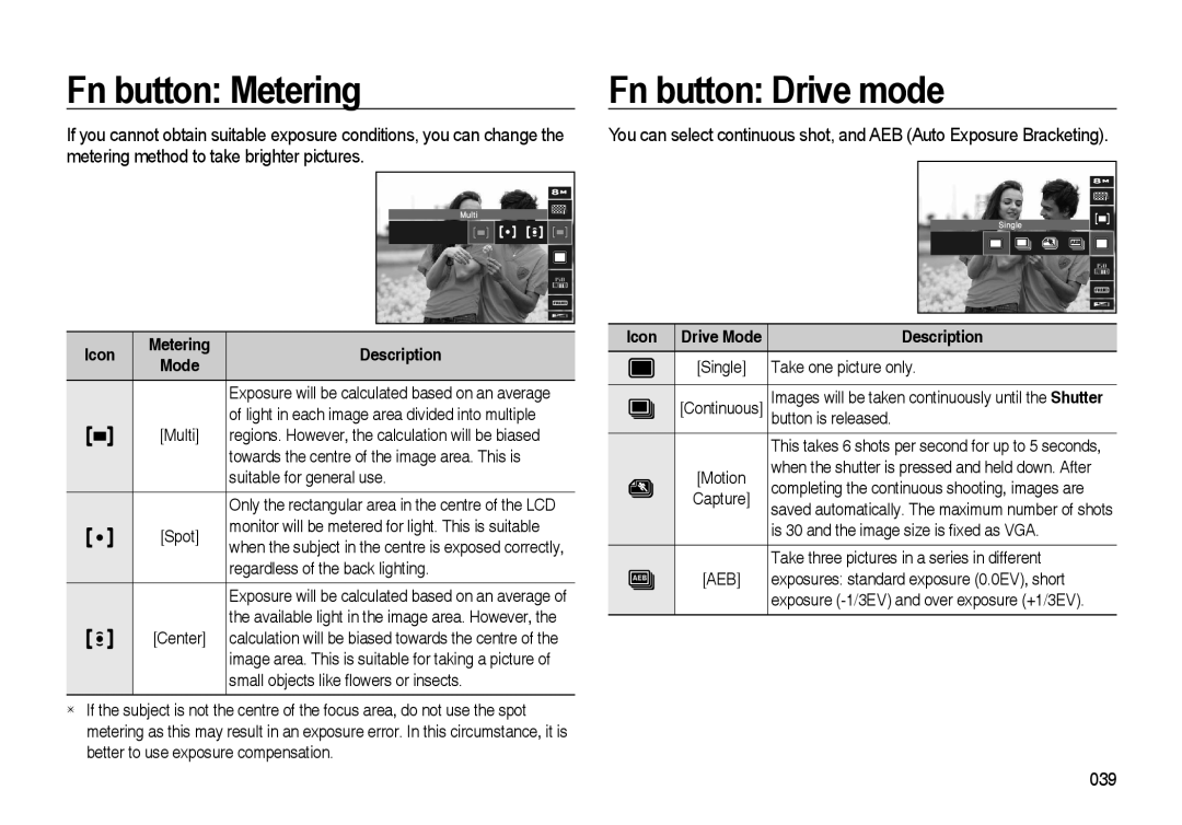 Samsung i8 Fn button Metering, Fn button Drive mode, You can select continuous shot, and AEB Auto Exposure Bracketing 