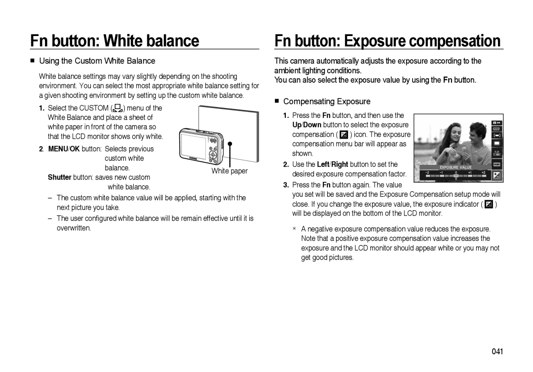 Samsung i8 Fn button Exposure compensation, Using the Custom White Balance, Compensating Exposure, Fn button White balance 