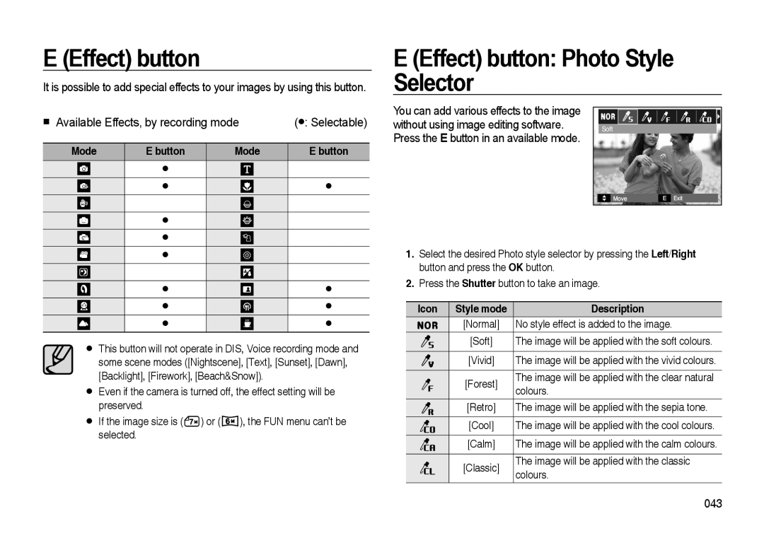 Samsung i8 manual E Effect button Photo Style Selector, Available Effects, by recording mode 