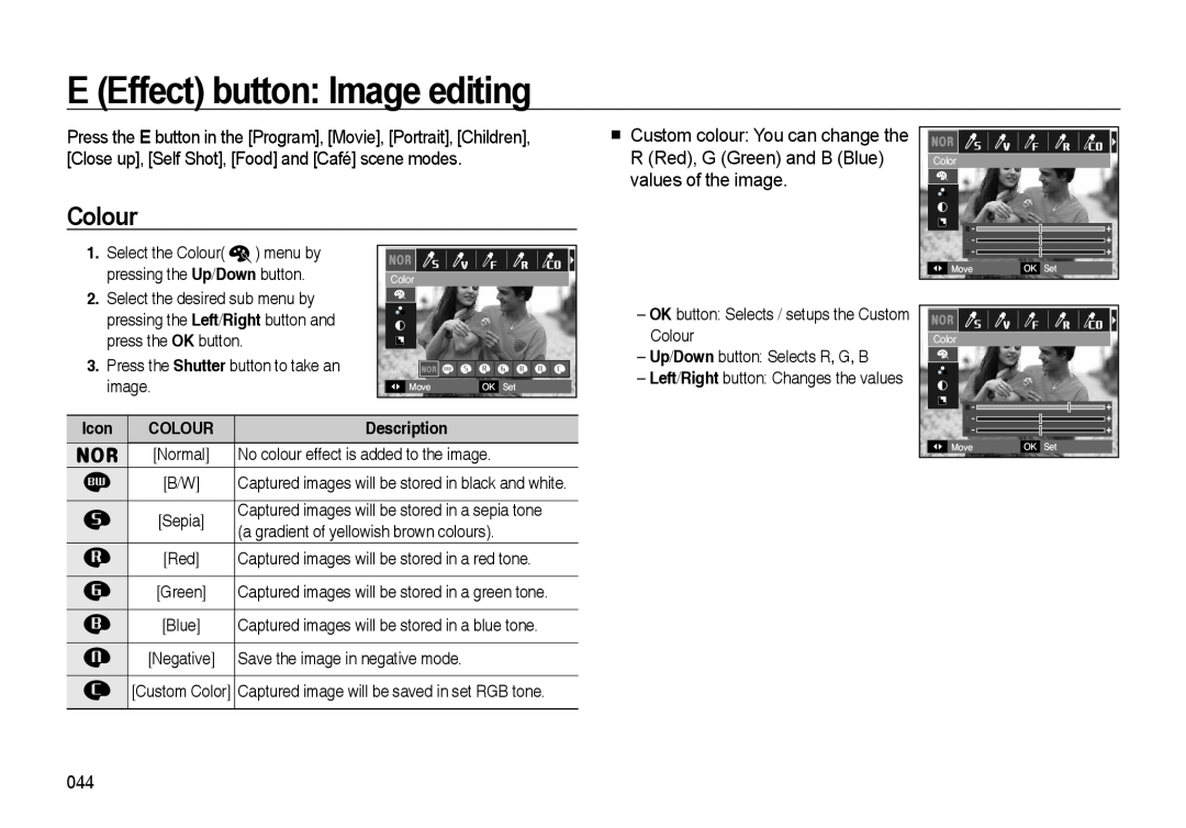 Samsung i8 manual E Effect button Image editing, Colour 