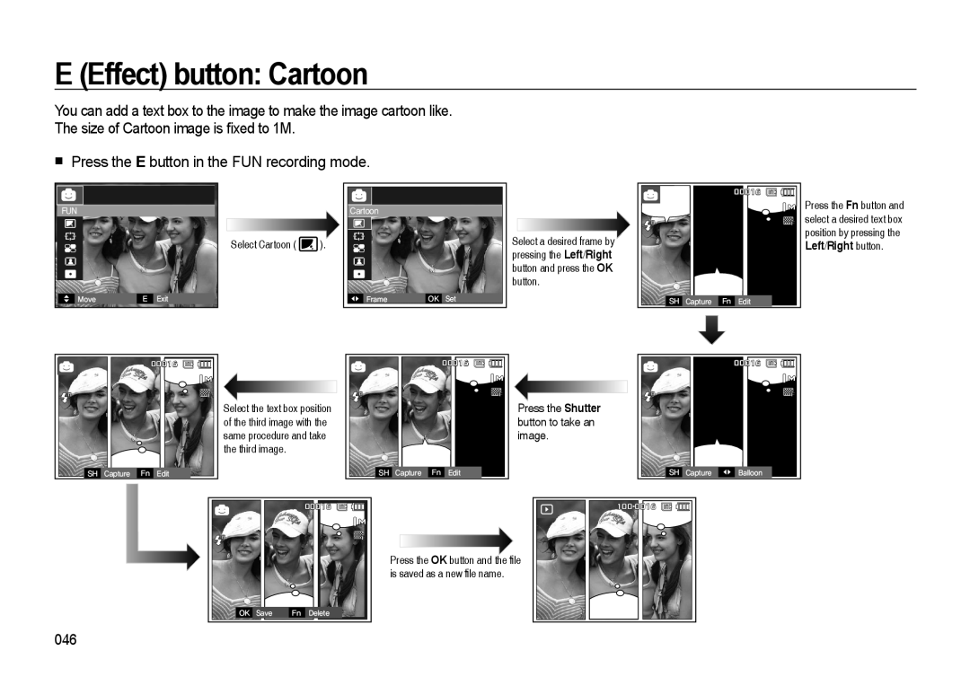 Samsung i8 manual E Effect button Cartoon, Press the E button in the FUN recording mode, Left/Right button, 00016, 100-0016 