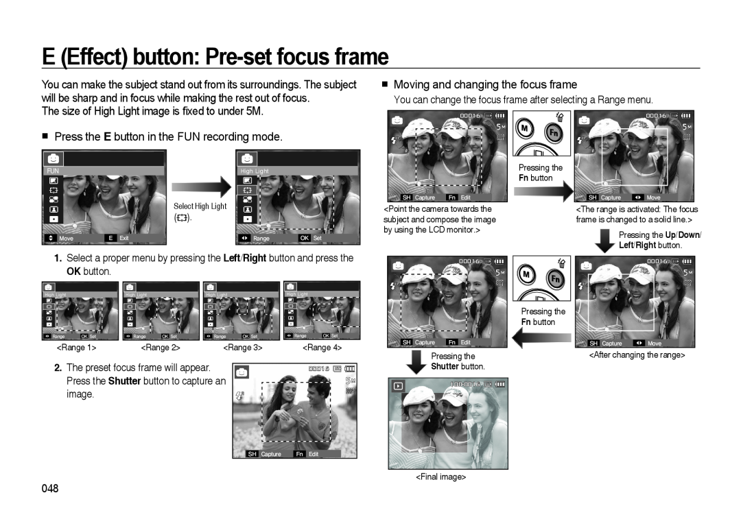 Samsung i8 E Effect button Pre-set focus frame, The size of High Light image is ﬁxed to under 5M, Left/Right button, 00016 