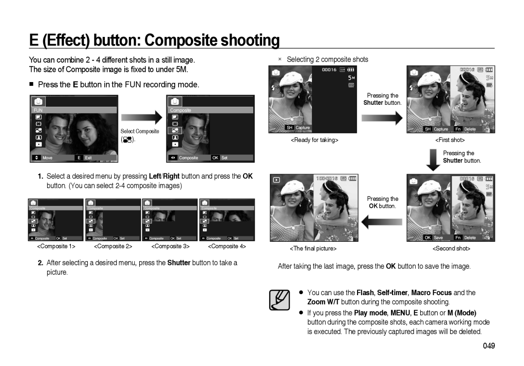 Samsung i8 E Effect button Composite shooting, Press the E button in the FUN recording mode, Selecting 2 composite shots 
