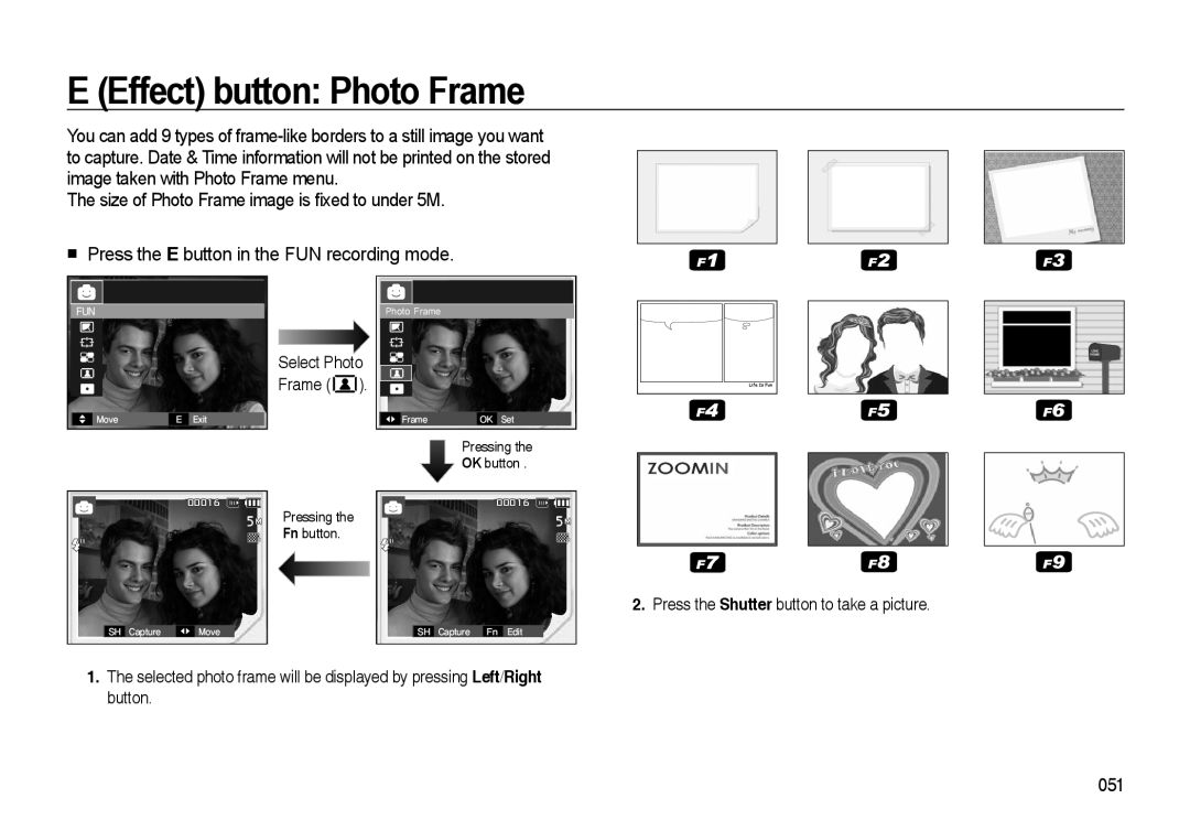 Samsung i8 manual E Effect button Photo Frame, The size of Photo Frame image is ﬁxed to under 5M, Select Photo Frame, 00016 