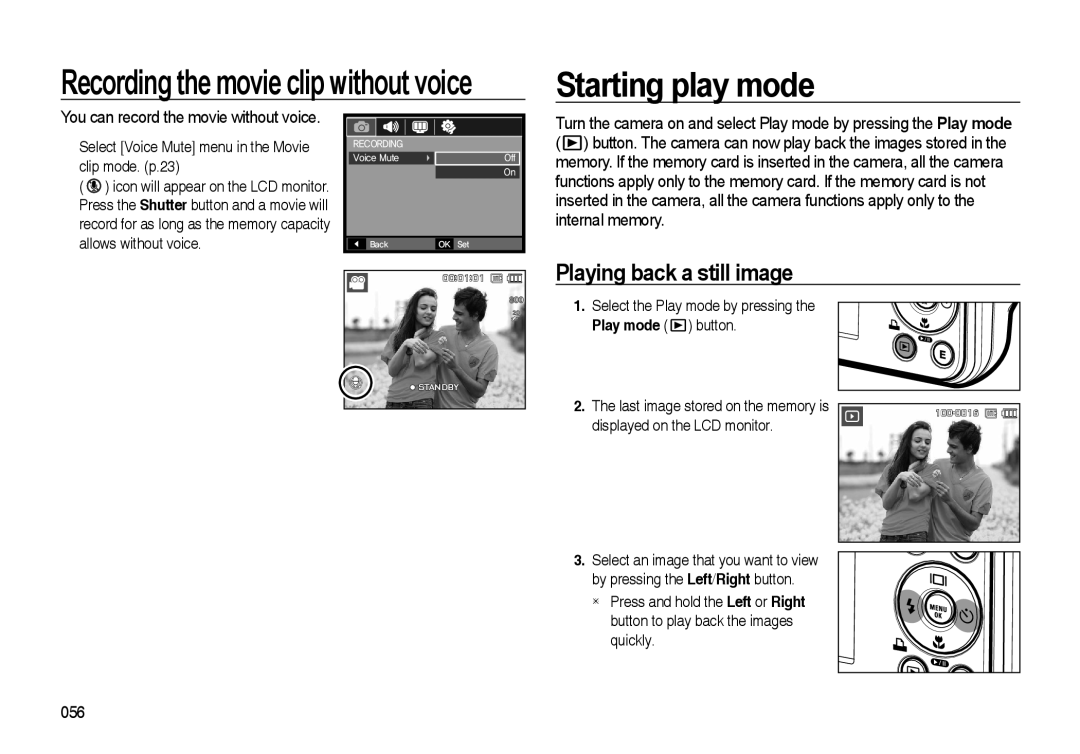 Samsung i8 manual Starting play mode, Recording the movie clip without voice, Playing back a still image 