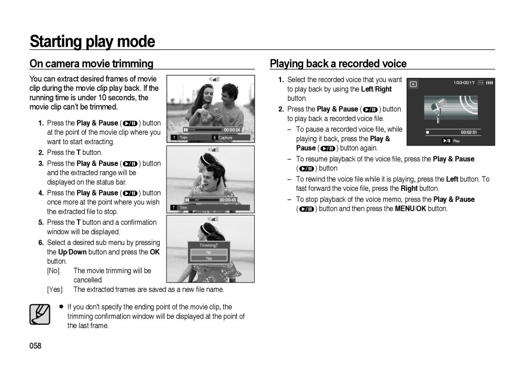 Samsung i8 manual On camera movie trimming, Playing back a recorded voice, Starting play mode 