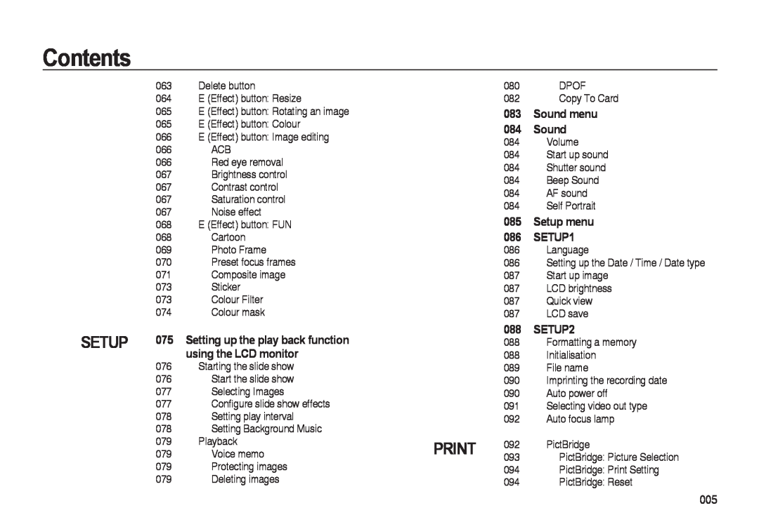 Samsung i8 manual Print, using the LCD monitor, Sound menu 084 Sound, Setup menu 086 SETUP1, SETUP2, Contents 