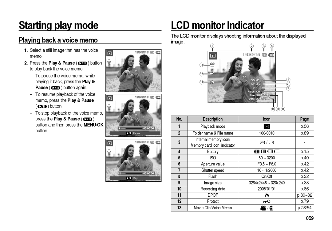 Samsung i8 LCD monitor Indicator, Playing back a voice memo, Starting play mode, 100-0016, Icon, Page, Playback mode, p.56 