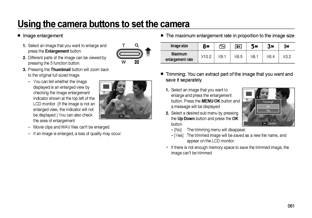 Samsung i8 manual Image enlargement, The maximum enlargement rate in proportion to the image size, Image size 