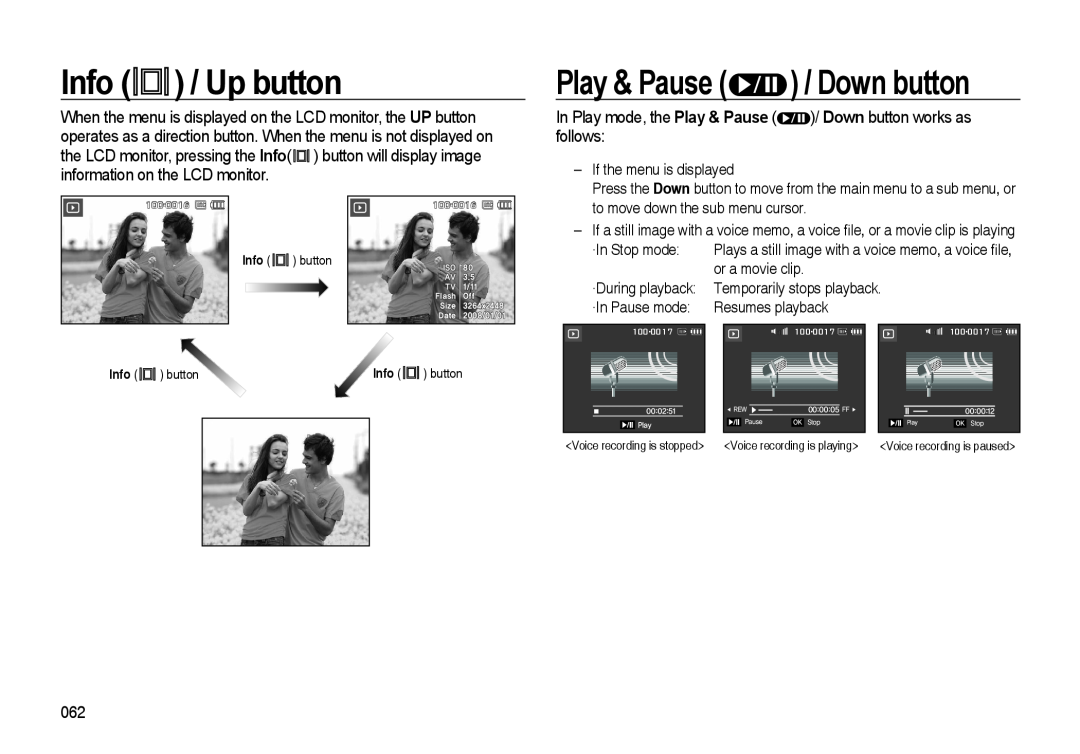 Samsung i8 manual Info / Up button, Play & Pause / Down button 