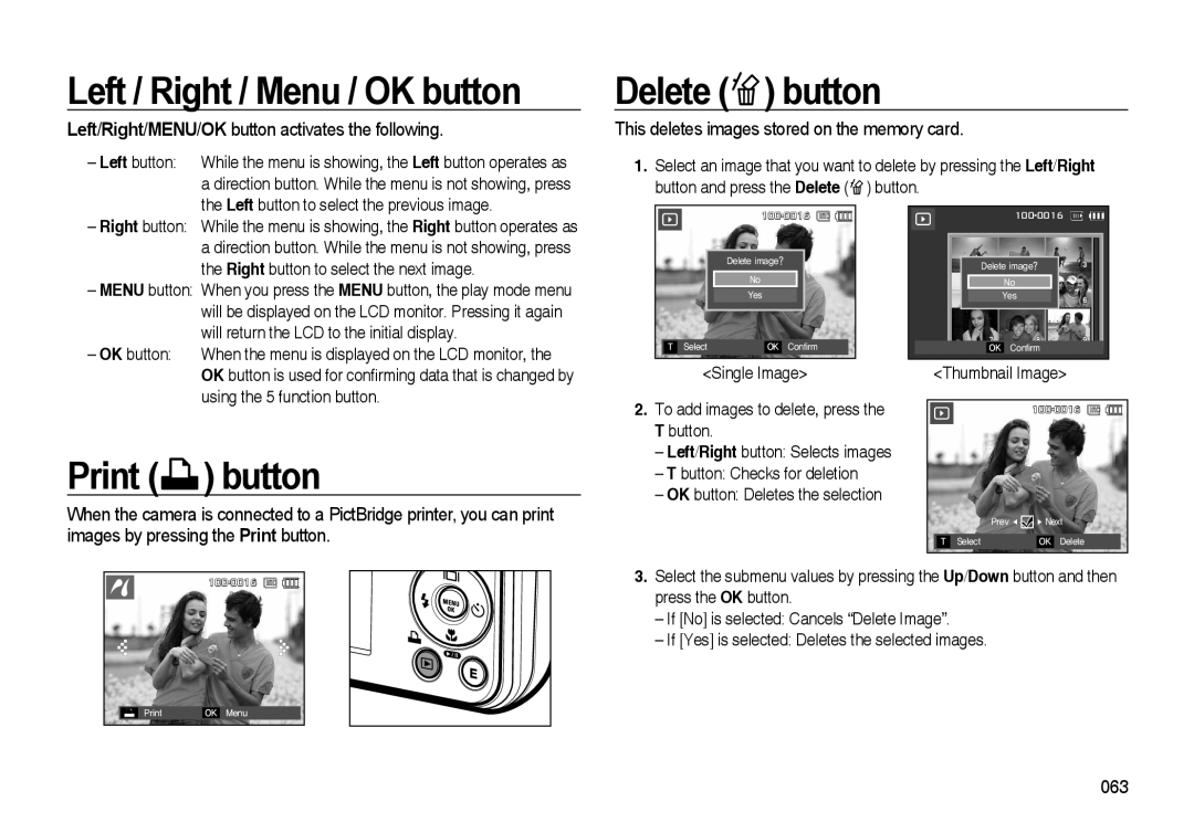 Samsung i8 Left / Right / Menu / OK button, Delete button, Print button, Left/Right/MENU/OK button activates the following 