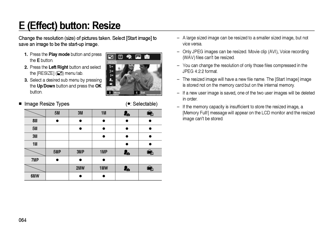 Samsung i8 manual E Effect button Resize, Image Resize Types, Selectable 