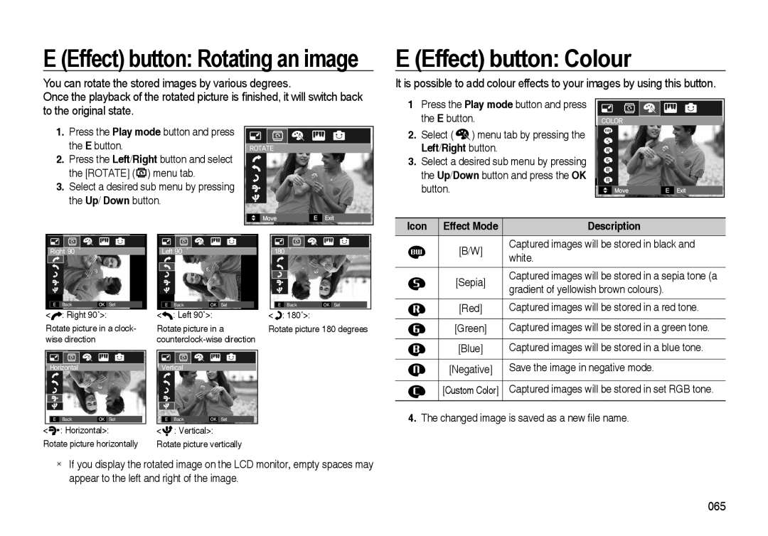 Samsung i8 E Effect button Colour, E Effect button Rotating an image, You can rotate the stored images by various degrees 