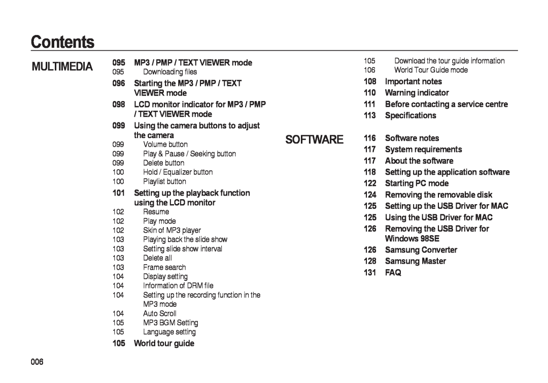 Samsung i8 manual Software, MP3 / PMP / TEXT VIEWER mode, Starting the MP3 / PMP / TEXT, Important notes, Warning indicator 