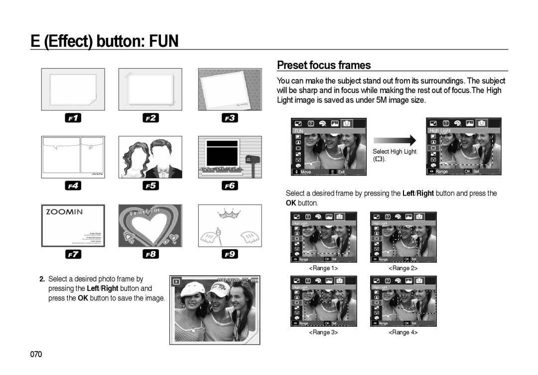 Samsung i8 manual Preset focus frames, E Effect button FUN, 100-0020, Range, High Light, OK Set 