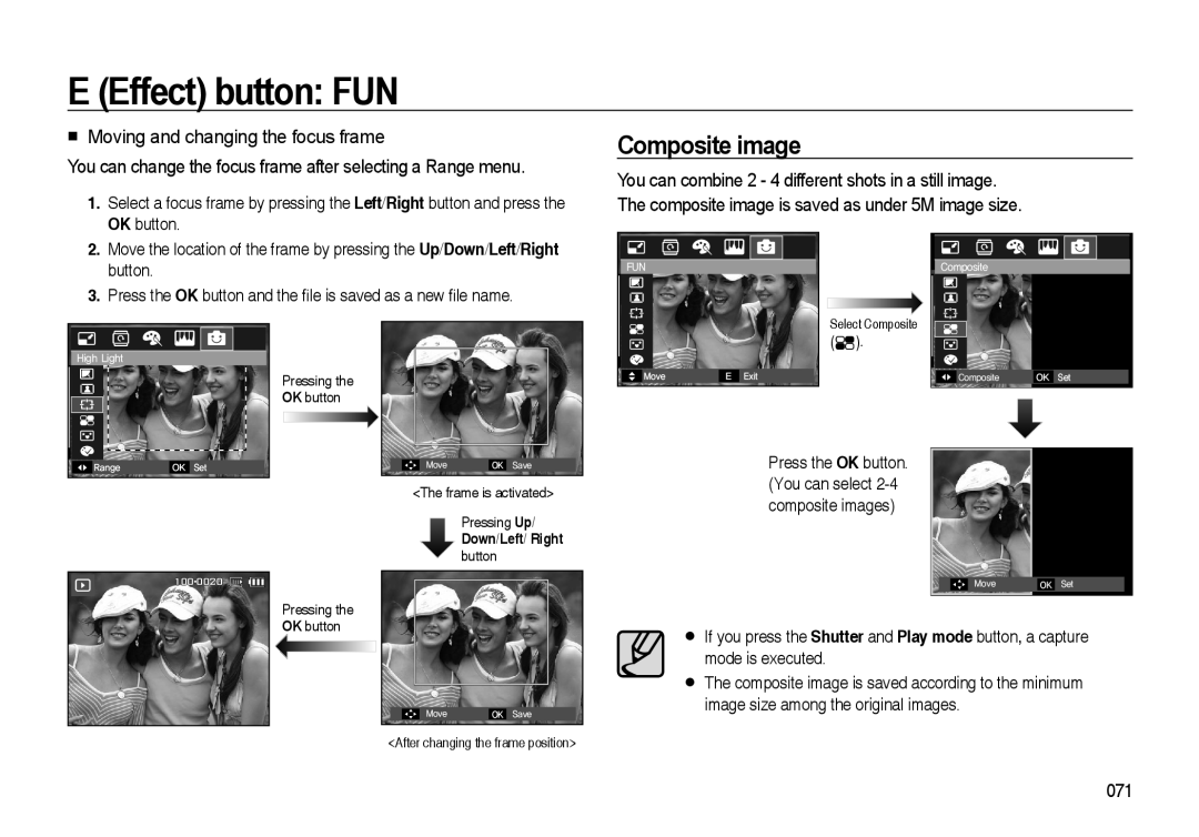 Samsung i8 Composite image, You can change the focus frame after selecting a Range menu, E Effect button FUN, OK button 