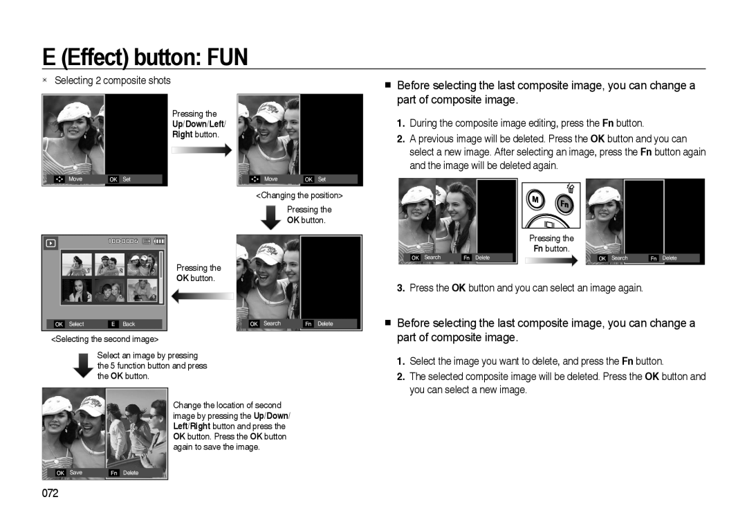 Samsung i8 manual E Effect button FUN, Up/Down/Left 