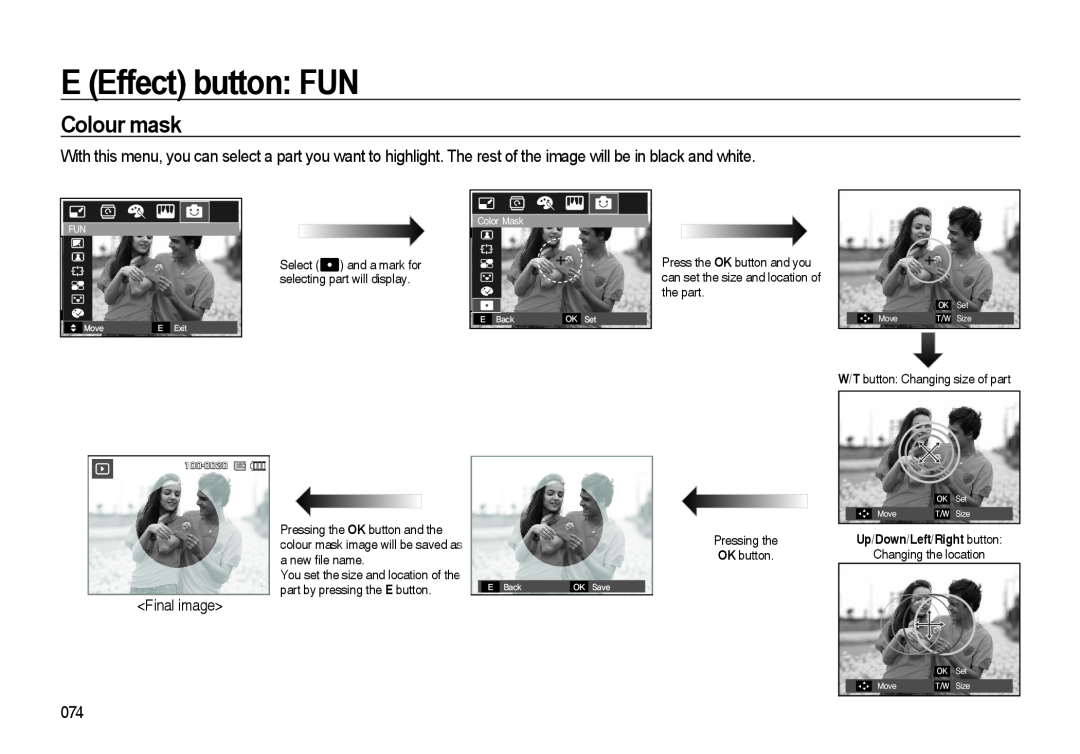 Samsung i8 manual Colour mask, E Effect button FUN, Final image, Up/Down/Left/Right button 