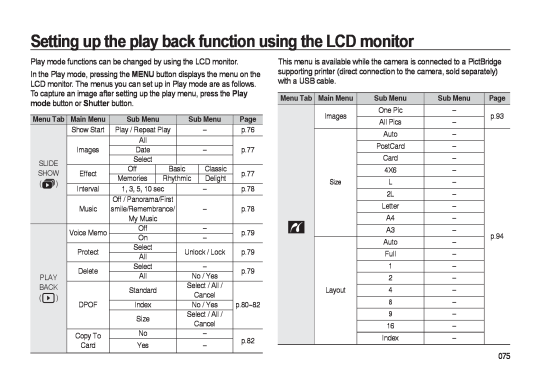 Samsung i8 manual Setting up the play back function using the LCD monitor 