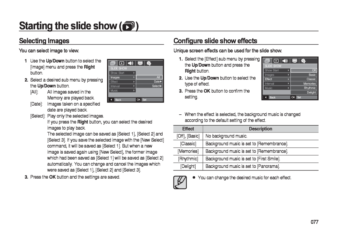 Samsung i8 manual Selecting Images, Conﬁgure slide show effects, You can select image to view, Starting the slide show 