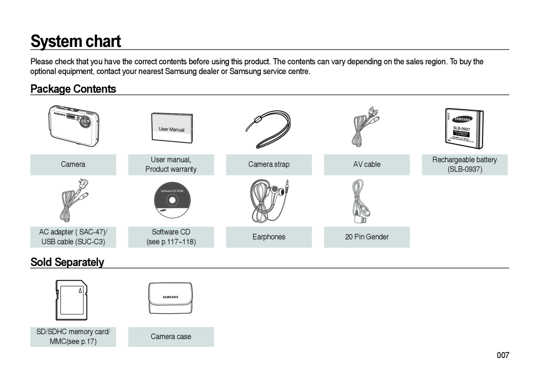Samsung i8 manual System chart, Package Contents, Sold Separately 