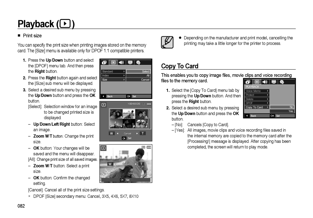 Samsung i8 manual Copy To Card, Print size, ﬁles to the memory card, Playback 