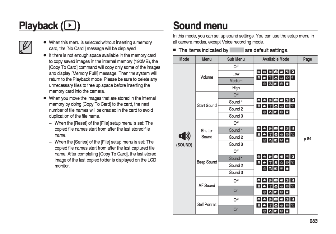 Samsung i8 manual Sound menu, Playback, The items indicated by are default settings, Available Mode 