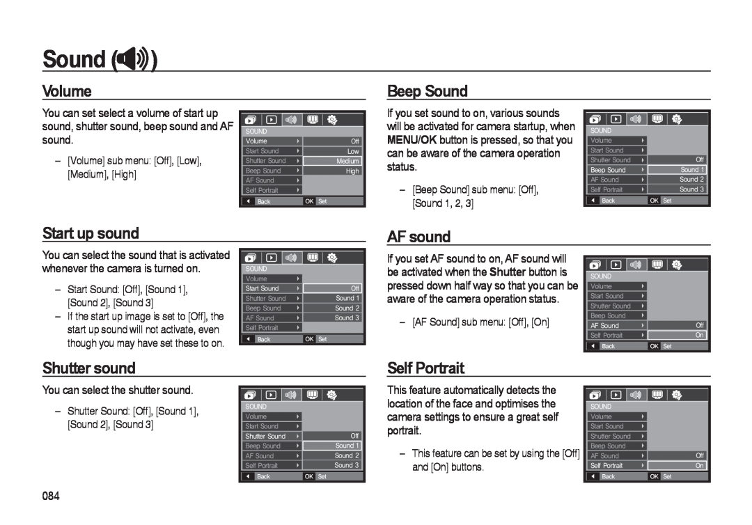 Samsung i8 manual Volume, Beep Sound, Start up sound, AF sound, Shutter sound, Self Portrait 