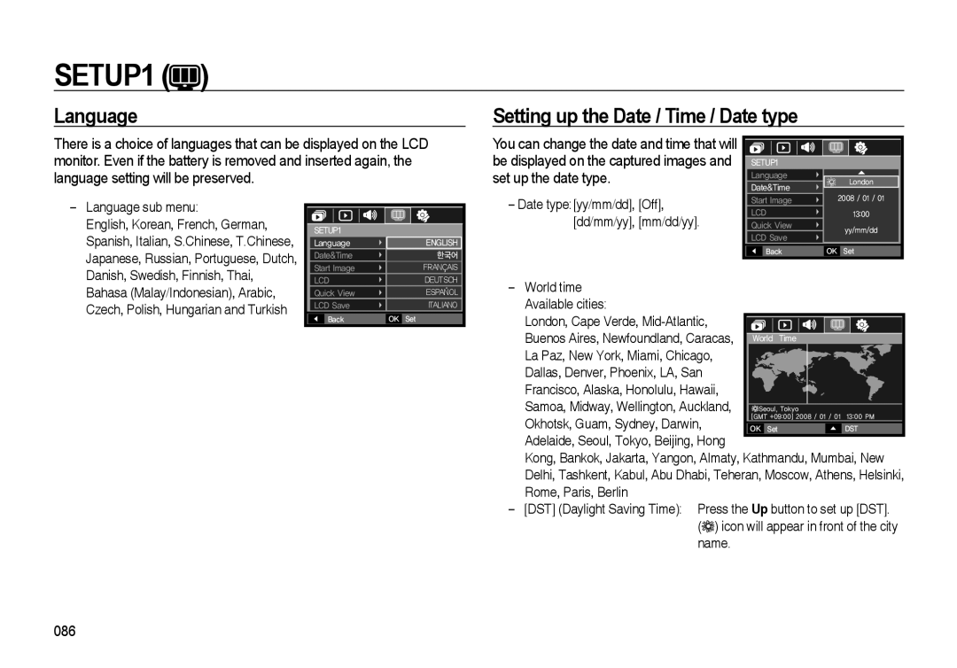 Samsung i8 manual SETUP1, Language, Setting up the Date / Time / Date type 
