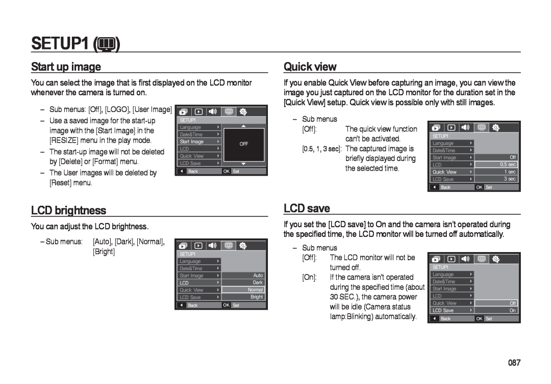 Samsung i8 manual Start up image, Quick view, LCD save, You can adjust the LCD brightness, SETUP1 
