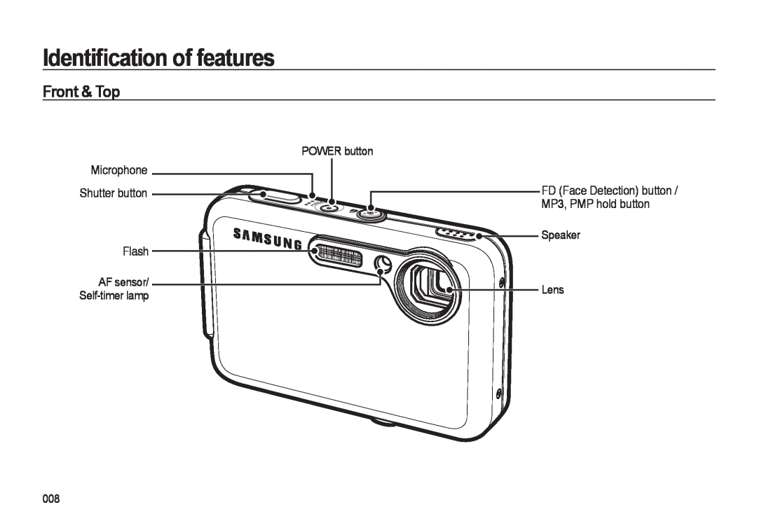 Samsung i8 manual Identiﬁcation of features, Front & Top, POWER button, Microphone Shutter button Flash, Speaker Lens 