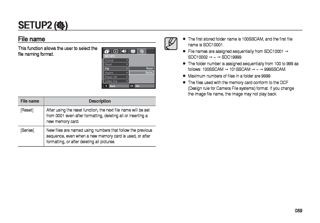 Samsung i8 manual File name, SETUP2, ﬁle naming format, This function allows the user to select the 