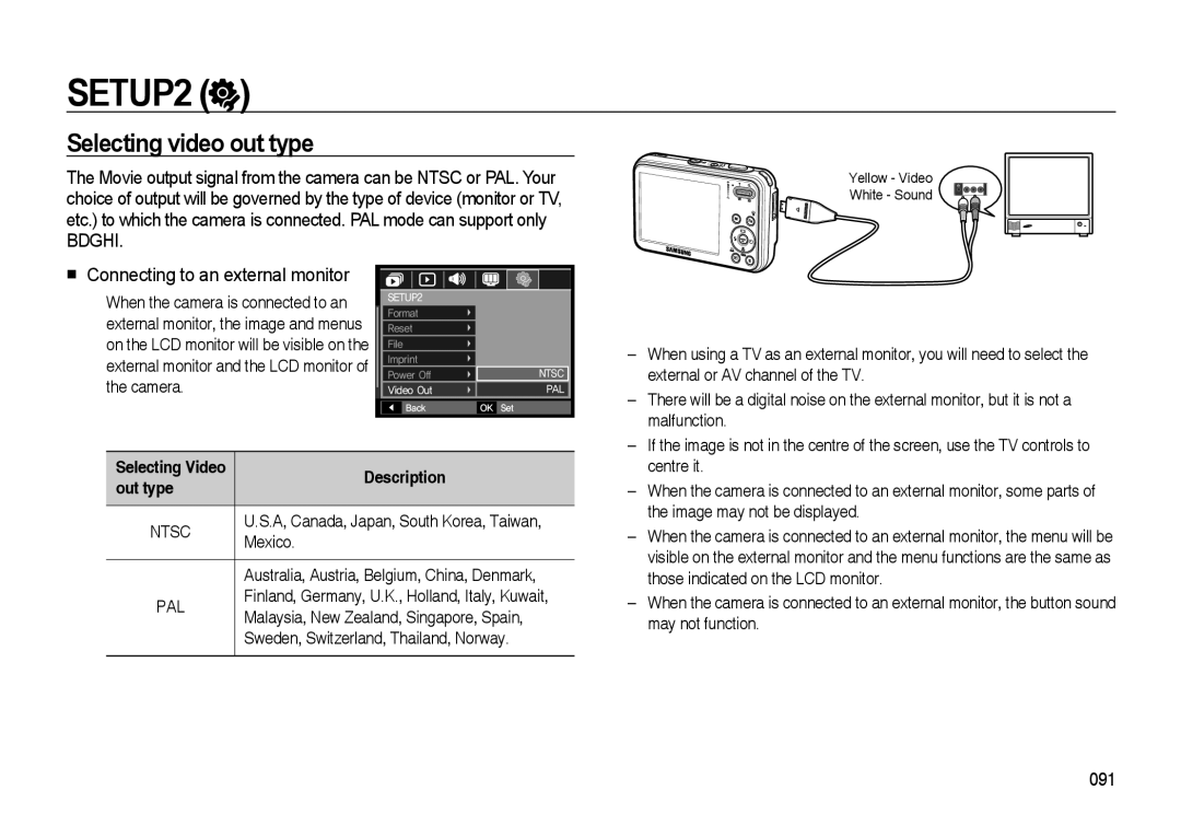 Samsung i8 manual Selecting video out type, Bdghi, Connecting to an external monitor, SETUP2 