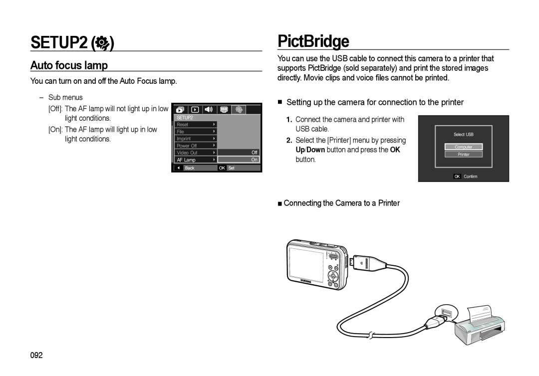 Samsung i8 PictBridge, Auto focus lamp, You can turn on and off the Auto Focus lamp, Connecting the Camera to a Printer 