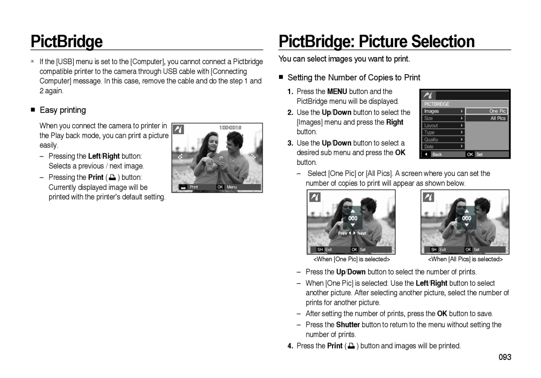 Samsung i8 PictBridge Picture Selection, You can select images you want to print, Setting the Number of Copies to Print 