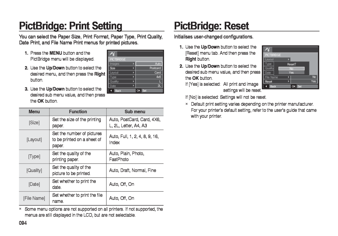 Samsung i8 manual PictBridge Print Setting, PictBridge Reset, Initialises user-changed conﬁgurations 