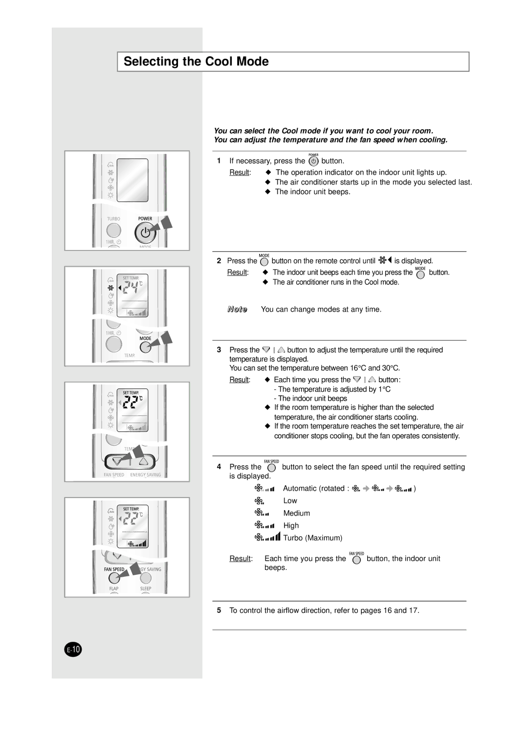 Samsung XUQT12WHWE/HAC, IAQT12WHWE6BAD, IAQT12WHWB/UMG, IAQT12WHWE/HAC, IAQT12WHWE/XSG manual Selecting the Cool Mode 