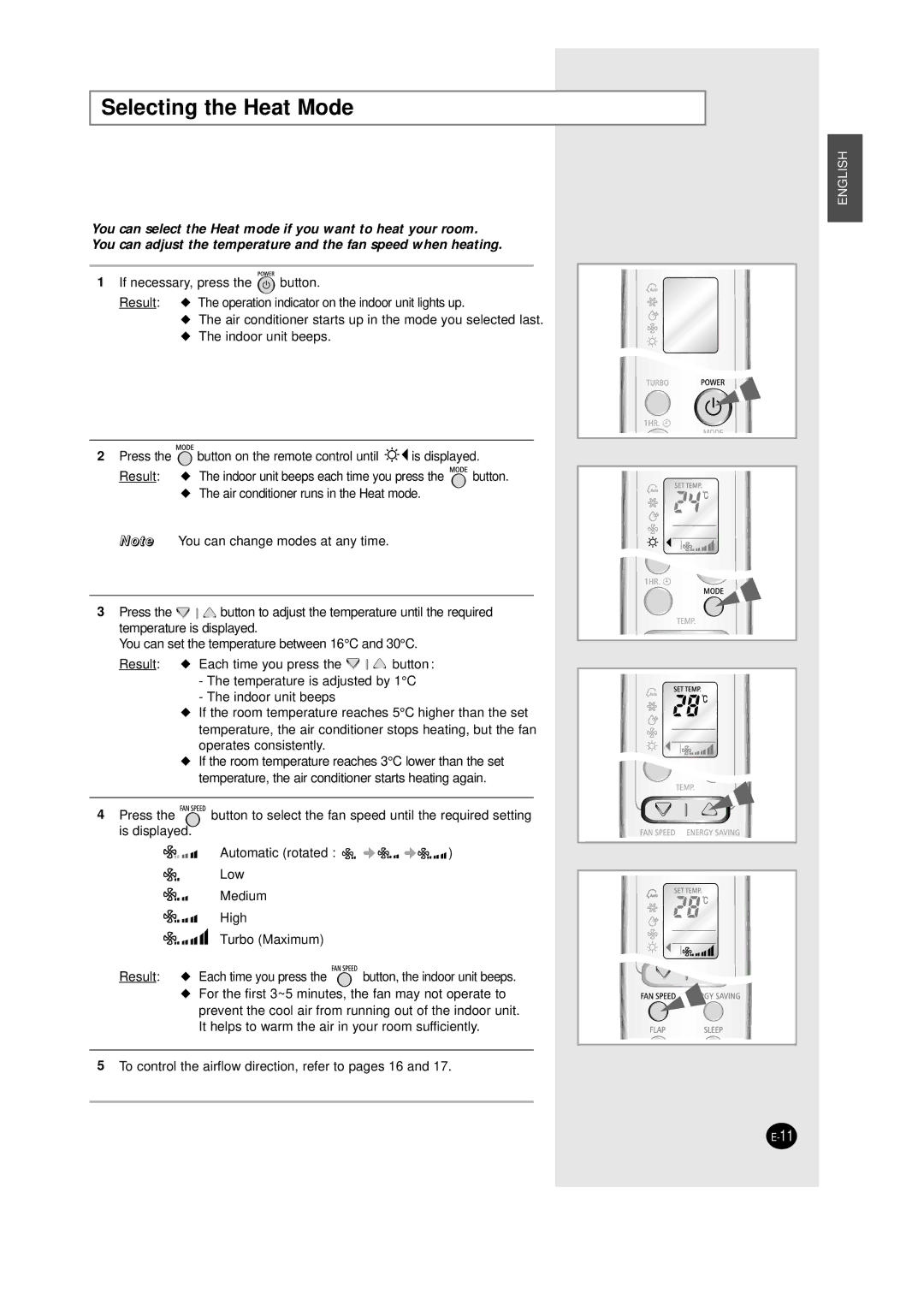 Samsung XUQT12WHWE/XSG, IAQT12WHWE6BAD, IAQT12WHWB/UMG, IAQT12WHWE/HAC, IAQT12WHWE/XSG manual Selecting the Heat Mode 