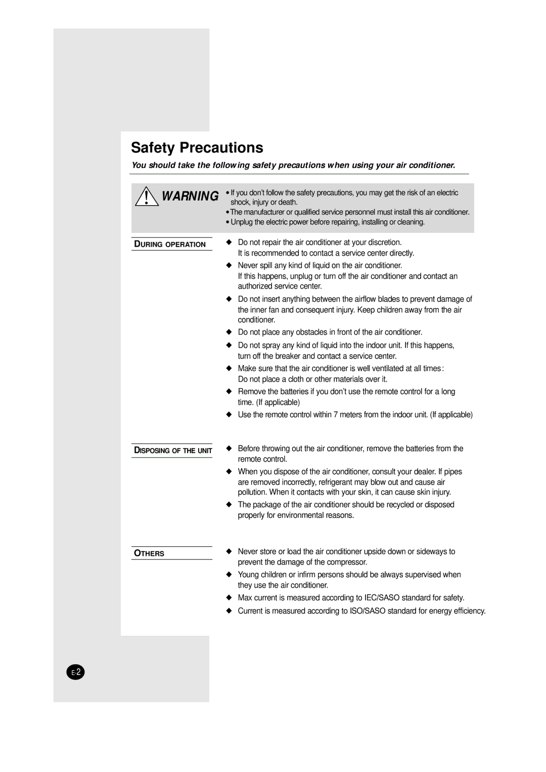 Samsung IAQT12WHWB/UMG, IAQT12WHWE6BAD, IAQT12WHWE/HAC, IAQT12WHWE/XSG, AQT12WHWE/MID, XUQT12WHWE/MID Safety Precautions 