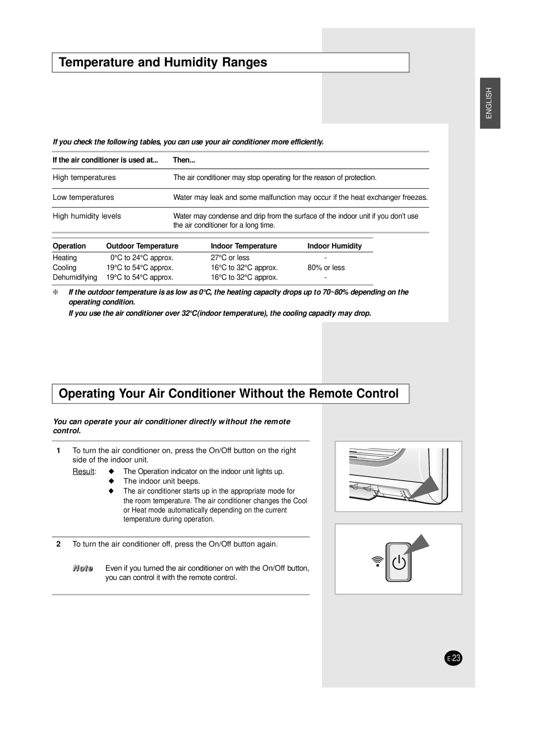 Samsung XUQT12WHWB/UMG manual Temperature and Humidity Ranges, Operating Your Air Conditioner Without the Remote Control 