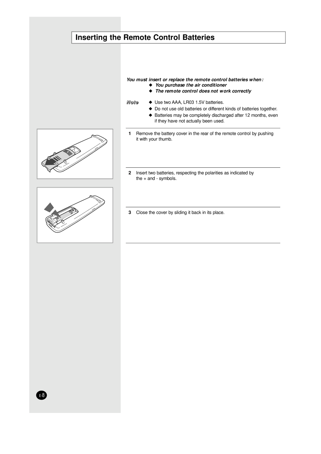 Samsung IAQT12WHWE/MID, IAQT12WHWE6BAD, AQT12WHWE/XSG, IAQT12WHWB/UMG, IAQT12WHWE/HAC Inserting the Remote Control Batteries 