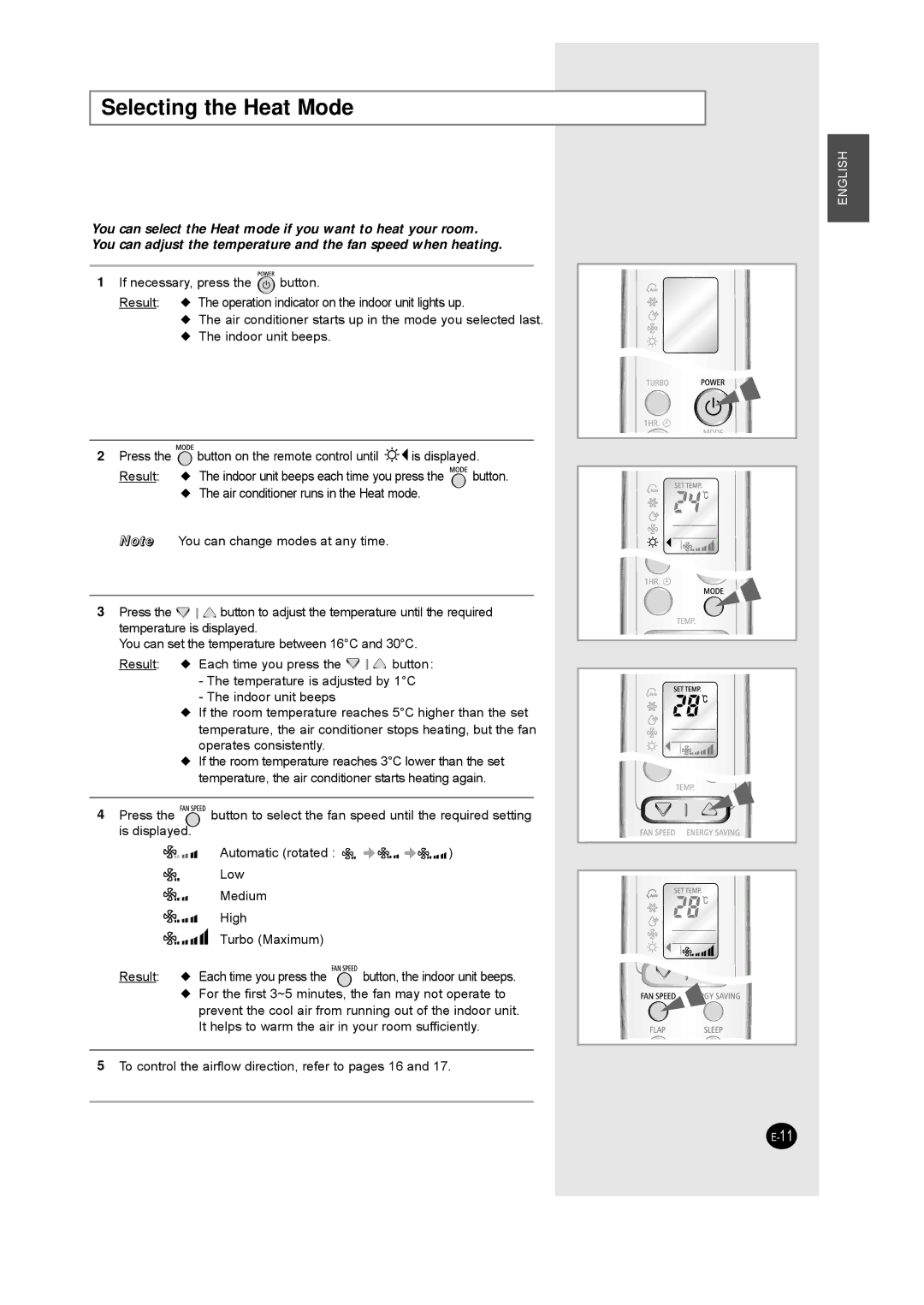 Samsung IAQT18JJWE/MID, IAQT24J6WB/UMG, IAQT18JJWB/UMG, AQT24J6WE/MID manual Selecting the Heat Mode 