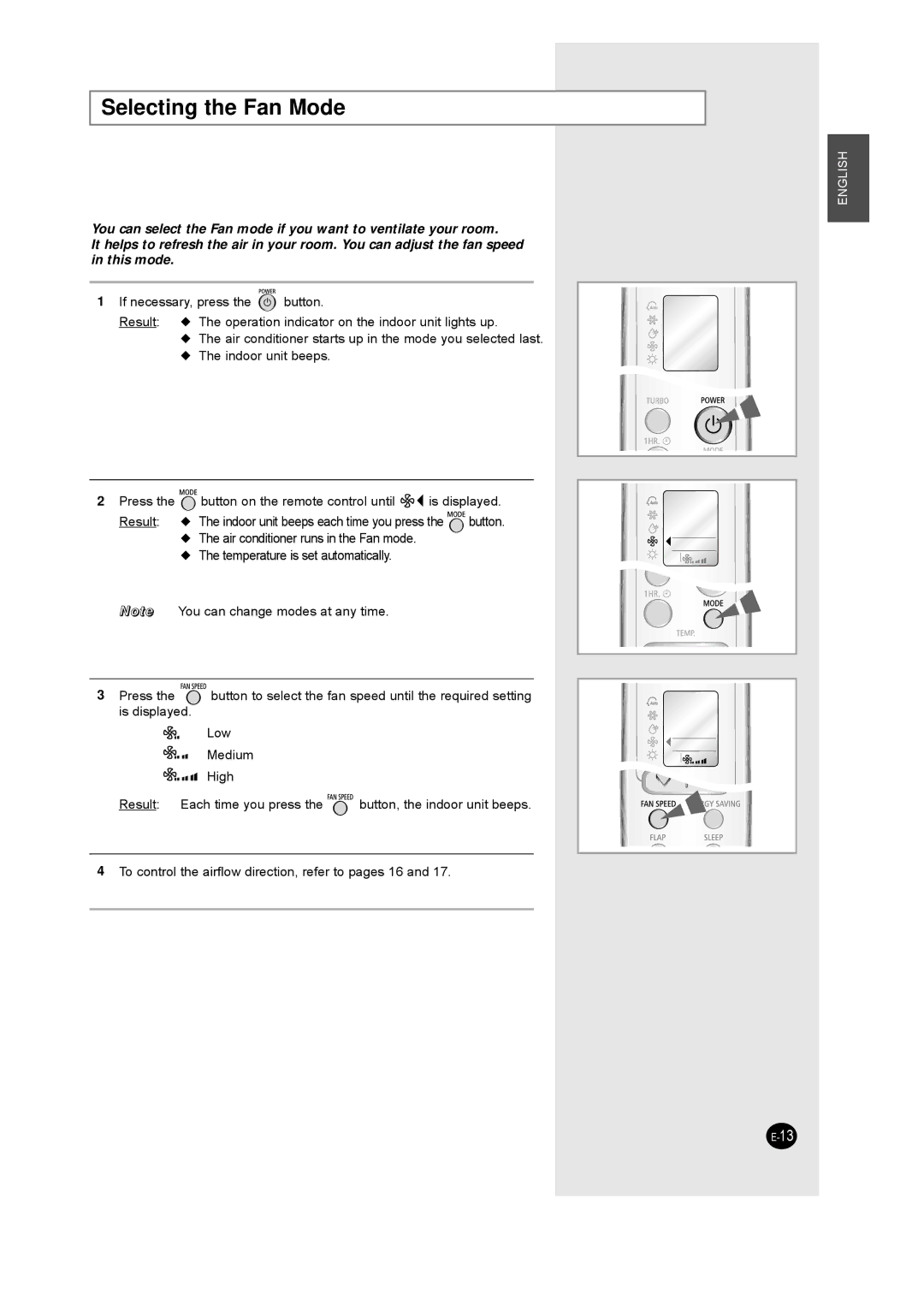 Samsung IAQT18JJWB/UMG, IAQT24J6WB/UMG, IAQT18JJWE/MID, AQT24J6WE/MID manual Selecting the Fan Mode 