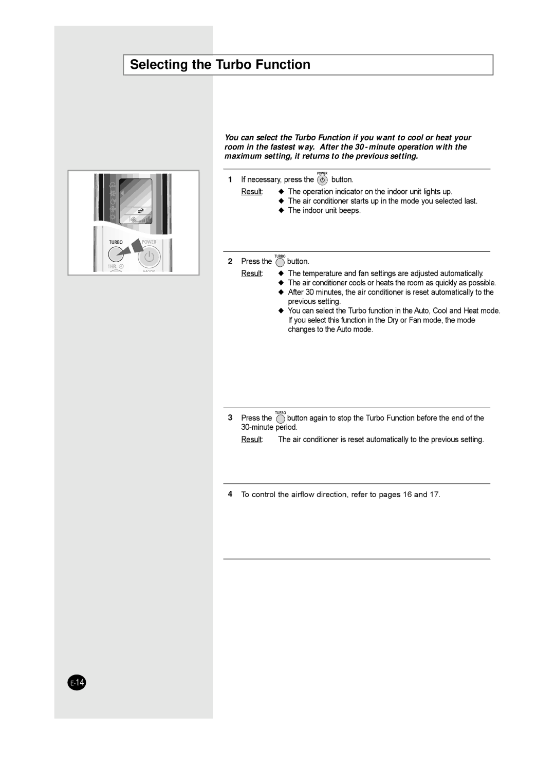 Samsung AQT24J6WE/MID, IAQT24J6WB/UMG, IAQT18JJWE/MID, IAQT18JJWB/UMG manual Selecting the Turbo Function 