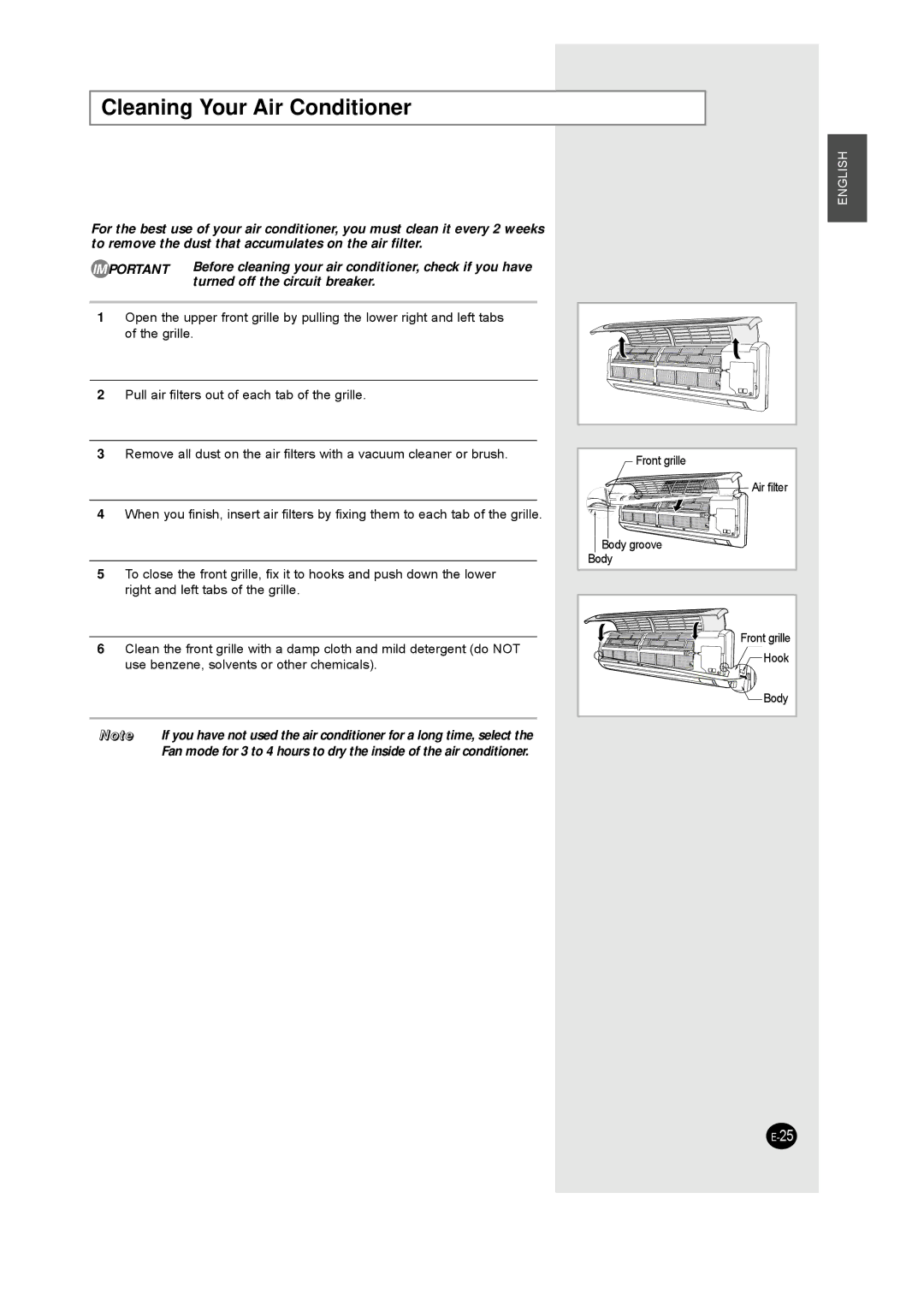 Samsung IAQT24J6WB/UMG, IAQT18JJWE/MID, IAQT18JJWB/UMG manual Cleaning Your Air Conditioner, Turned off the circuit breaker 