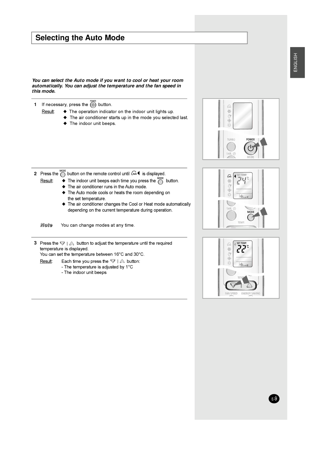 Samsung AQT24J6WE/MID, IAQT24J6WB/UMG, IAQT18JJWE/MID, IAQT18JJWB/UMG manual Selecting the Auto Mode 