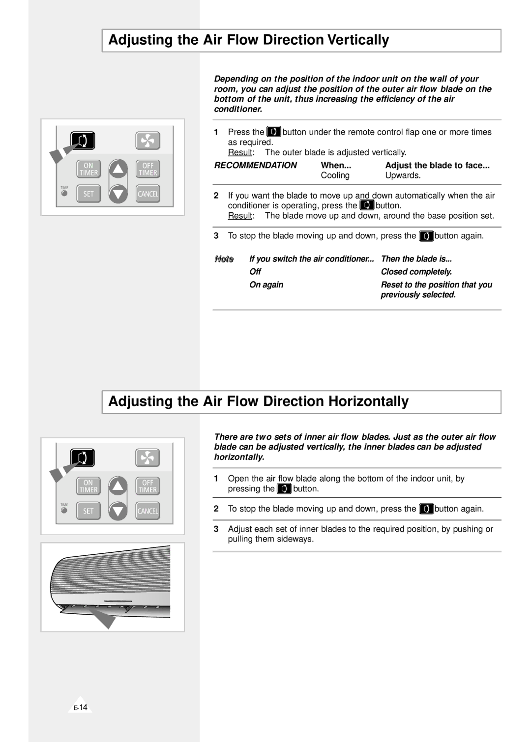 Samsung IAS07A1AE/XET manual Adjusting the Air Flow Direction Vertically, Adjusting the Air Flow Direction Horizontally 